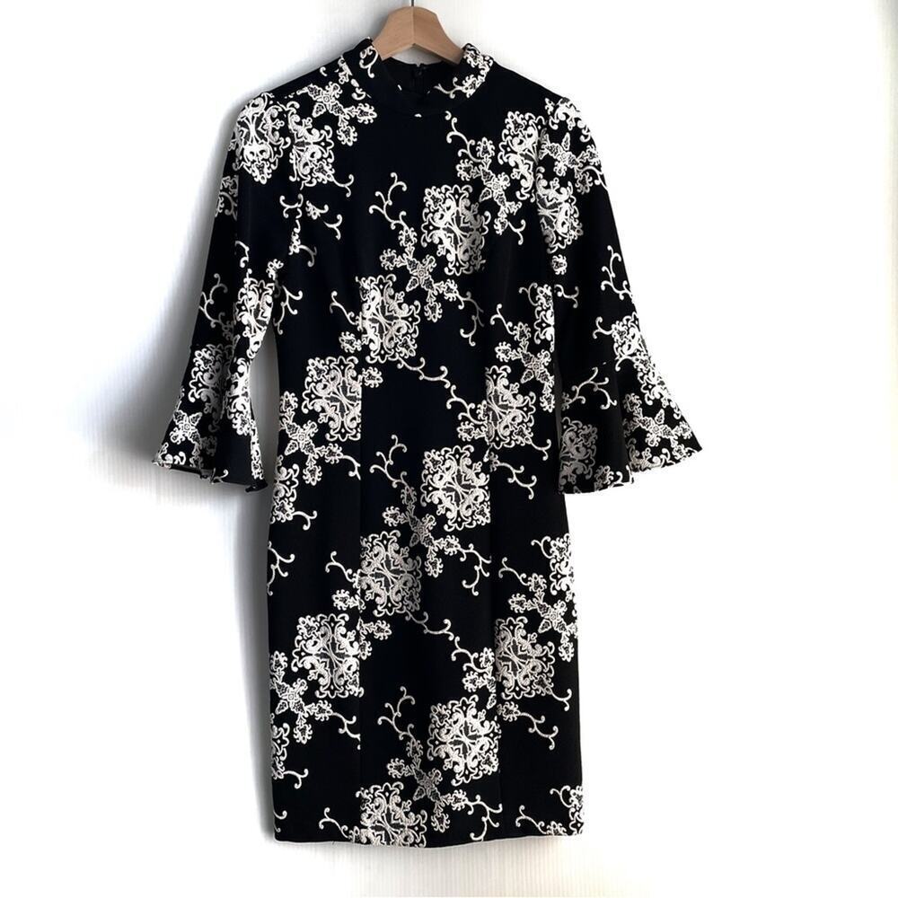 • Adrianna Papell height neckline modest long bell sleeve black and white size 4